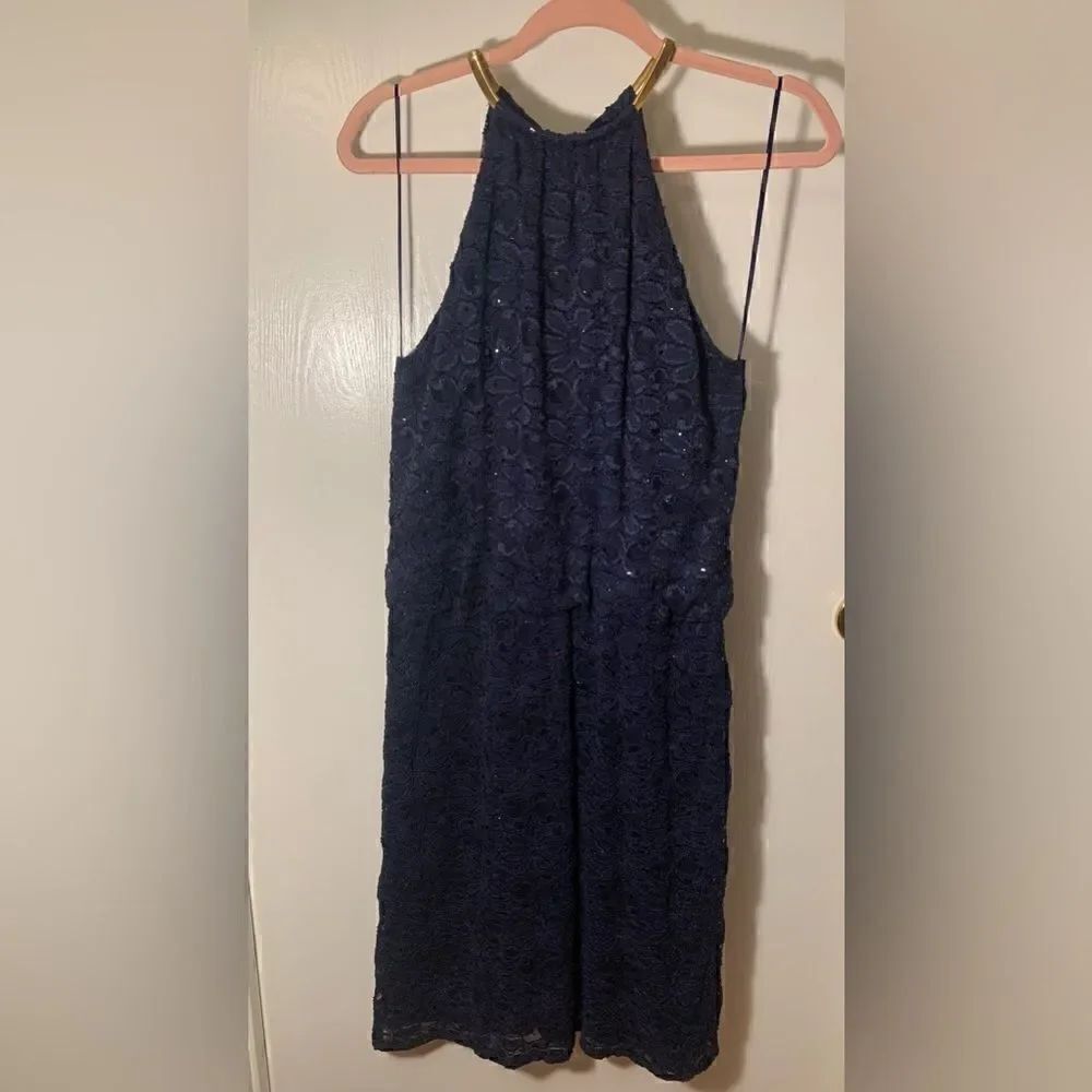 R & M Richard’s Navy blue lace blouson dress with multicolored glitter Size 10